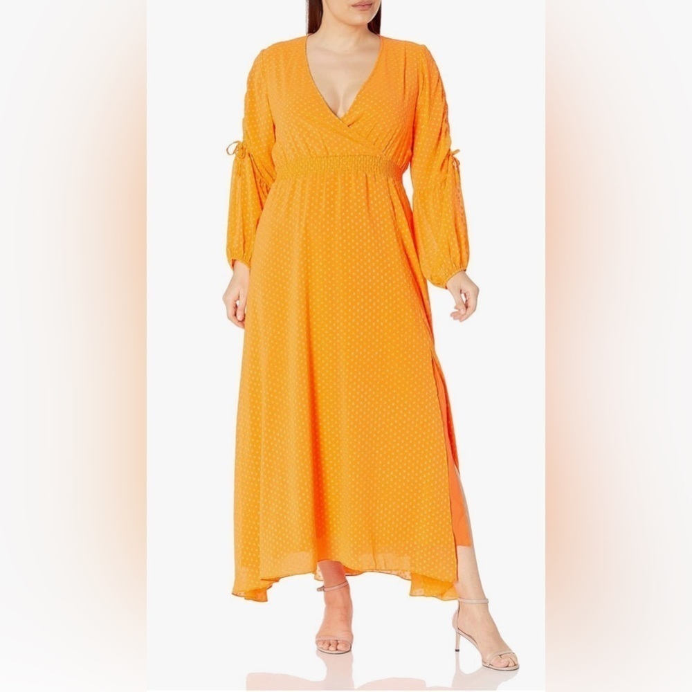 KENDALL + KYLIE Ruched Long Sleeve Orange Maxi Dress Beach Resort Cruise V Neck